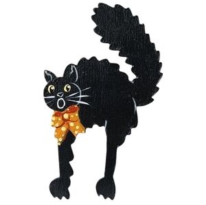 Vintage Whimsical Black Cat Wooden Brooch Pin Hand Painted Folk Art Halloween